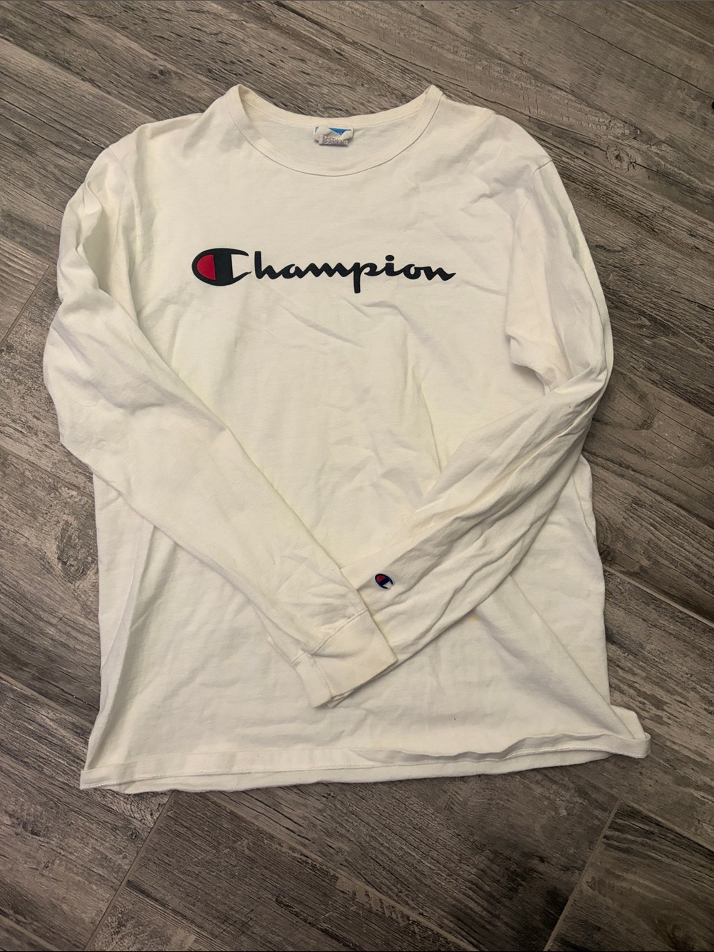 Champion White Long Sleeve Crewneck with Script Logo